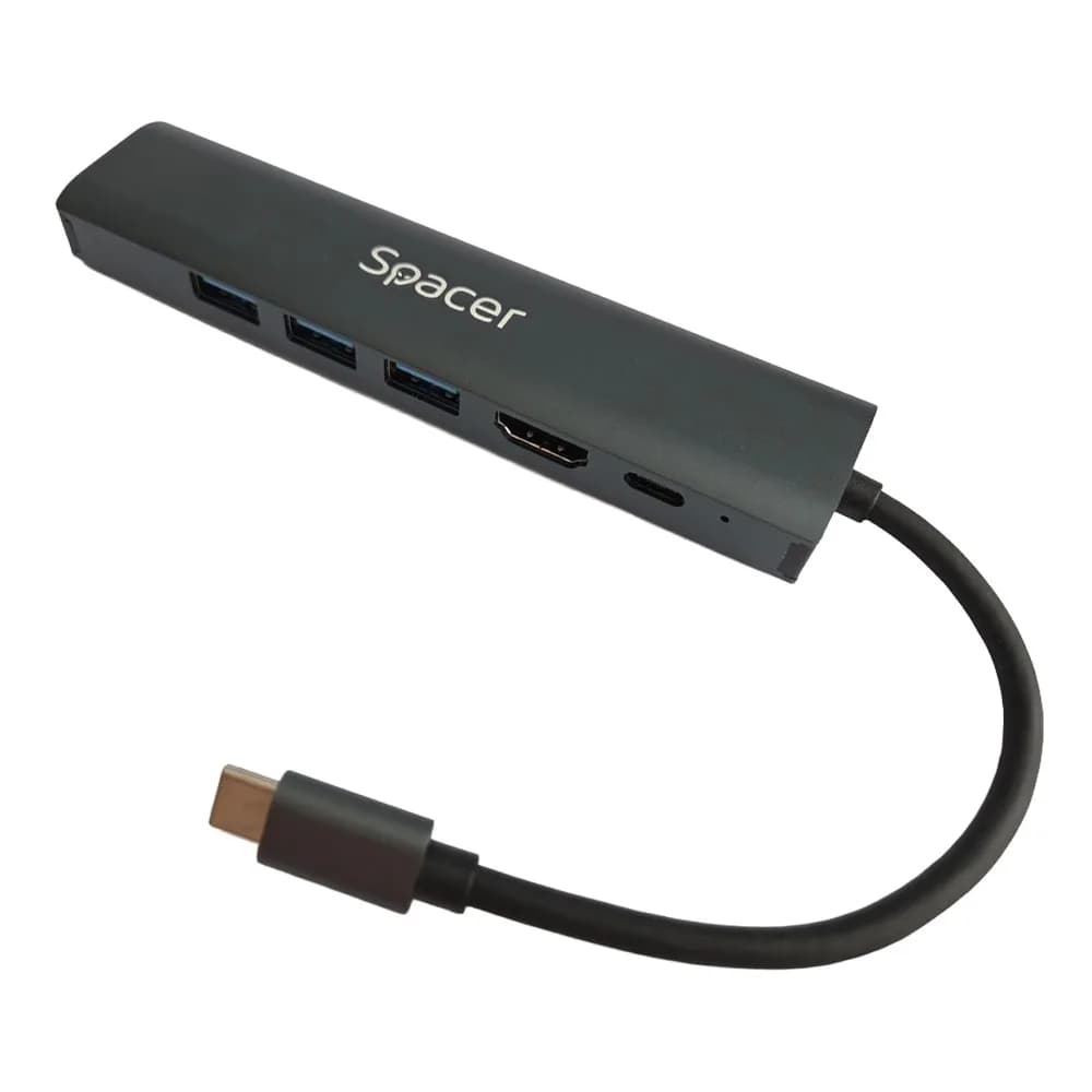 DOCKING Station Spacer universal 6 in 1, conectare Type-C, USB 3.0 x 3 |PD 3.0 x 1 (100W), 1x HDMI 4K (30Hz), 1xRJ45 Gigabit, gri, Aluminiu, "SPDS-TypeC-HUPG-6in1-04"