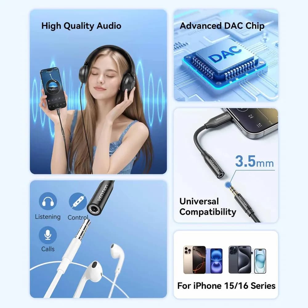 Adaptor audio Vention, USB-C (T) la Jack 3.5mm (M), 0.1m, PVC, negru, "BIIBA" -6922794792692 — miniatură