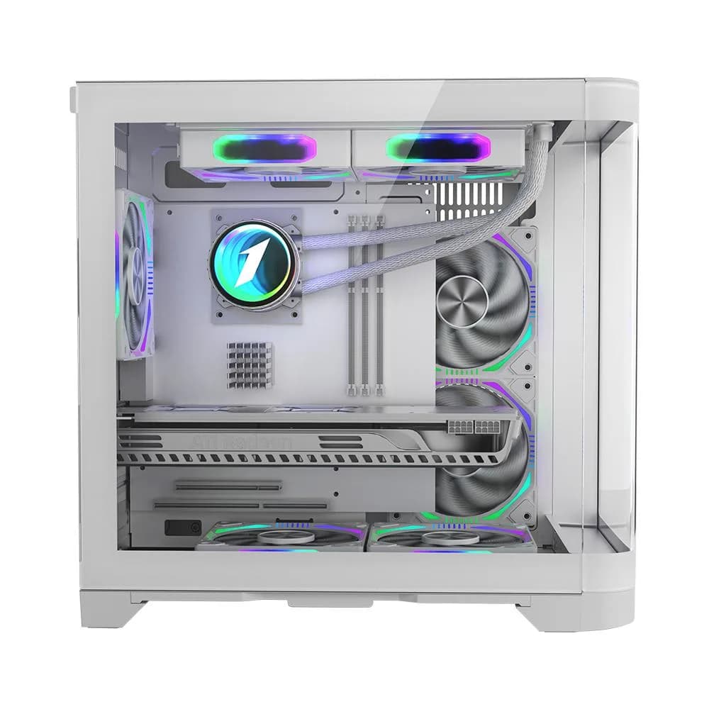 Carcasa 1stPlayer gaming UV5-wh-Hub, 5 ventilatoare aRGB infinity efect plus PWM, telecomanda, Micro-ATX, alb — miniatură