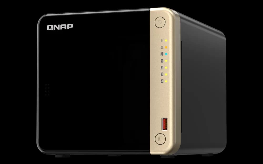 NAS QNAP 464 4-Bay, CPU Intel Celeron N5105/N5095 4-core/4-thread Processor, RAM 8 GB DDR4 (onboard, not expandable), HDD 4 x 2.5"/3.5" SATA 6Gbps + 2 x M.2 2280 PCIe Gen 3 x1 SSD slots (neincluse), LAN: 2 x 2.5GbE (optional 10GbE expansion via a PCIe card), USB3.2 Gen2: 2 x Type-A USB2.0: 2, tower