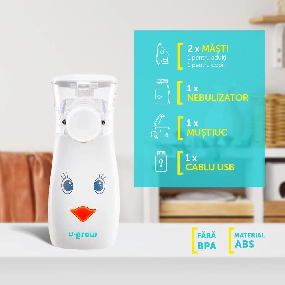 Aparat aerosoli U-Grow, portabil cu ultrasunete,tehnologie silentoasa, masca de copii si adulti inclusa in pachet, design prietenos pentru copii — miniatură