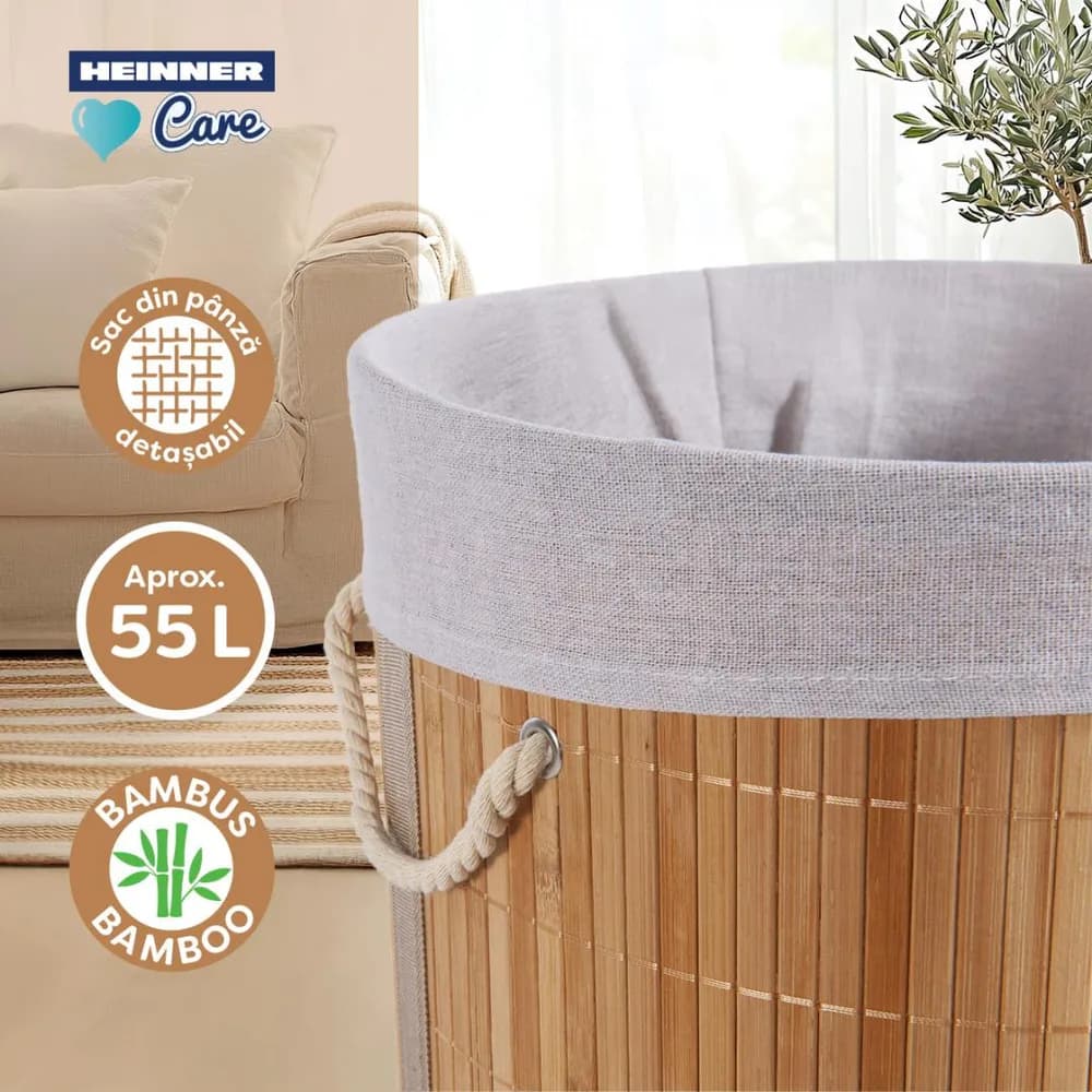 COS DE RUFE ROTUND DIN BAMBUS, 35x60 CM, 55 L — miniatură
