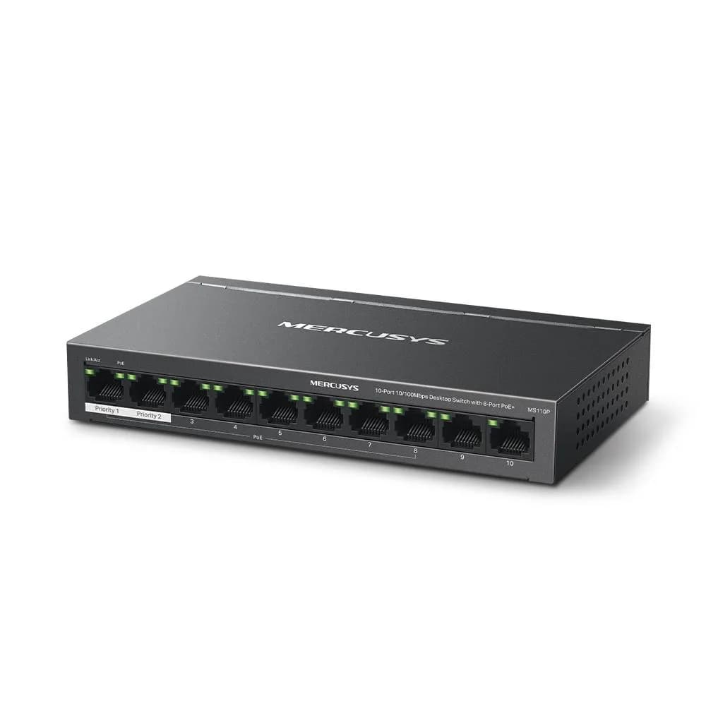 MERCUSYS DESKTOP SWITCH 10PORT MS110P POE, Interfata: 10× 10/100 Mbps, Standarde si protocoale: IEEE 802.3x Flow Control, Dimensiuni: 171*98* 27 mm, Porturi POE: 1-8, Buget POE: 65W. — miniatură