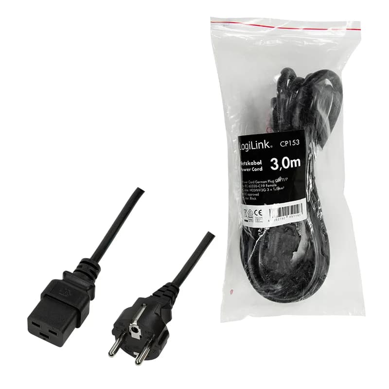 CABLU alimentare LOGILINK 3m, intrare Schuko, iesire C19, 16A, testat VDE, 3x1.5mm, black, "CP153" — miniatură