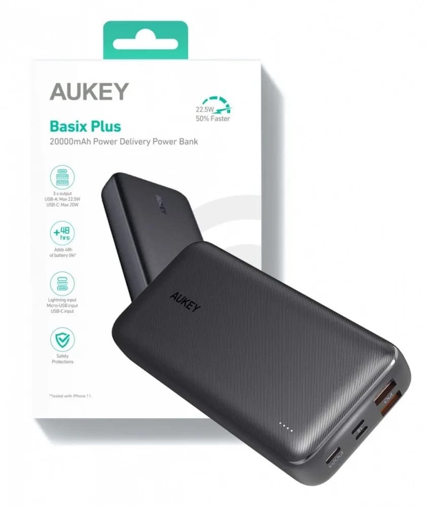 POWER BANK Aukey 20.000 mAh, 18W incarcare rapida 5-in-1, 1 x USB-C, 2 x USB-A, 1 x USB-Lighting, 1 x Micro-USB, 386g, negru, "EU001-LLTSN1018450C" - 608119200047