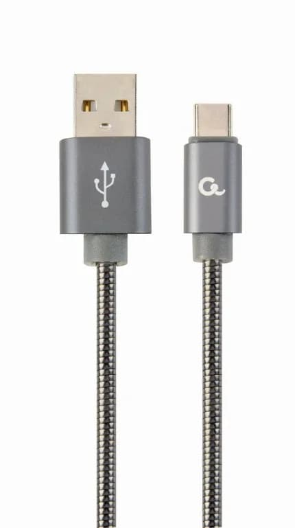 CABLU alimentare si date GEMBIRD, pt. smartphone, USB 2.0 (T) la USB 2.0 Type-C (T), 2m, premium, impletire din bumbac, gri-metalizat cu insertii albe, "CC-USB2S-AMCM-2M-BG"
