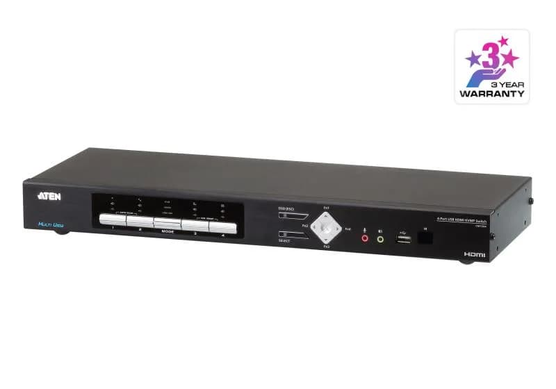 Switch KVM desktop ATEN CM1284. Tastatură de tip port: USB, Mouse tip de port: USB, Video Type portul: HDMI. Tip HD: 4K Ultra HD, Rezoluţia maximă: 4096 x 2160 Pixel, Lungime de bandă video: 30 Hz. Culoarea produsului: Negru, Capacitate portbagaj: 1U, Material carcasă: Metal. Sursă de alimentare