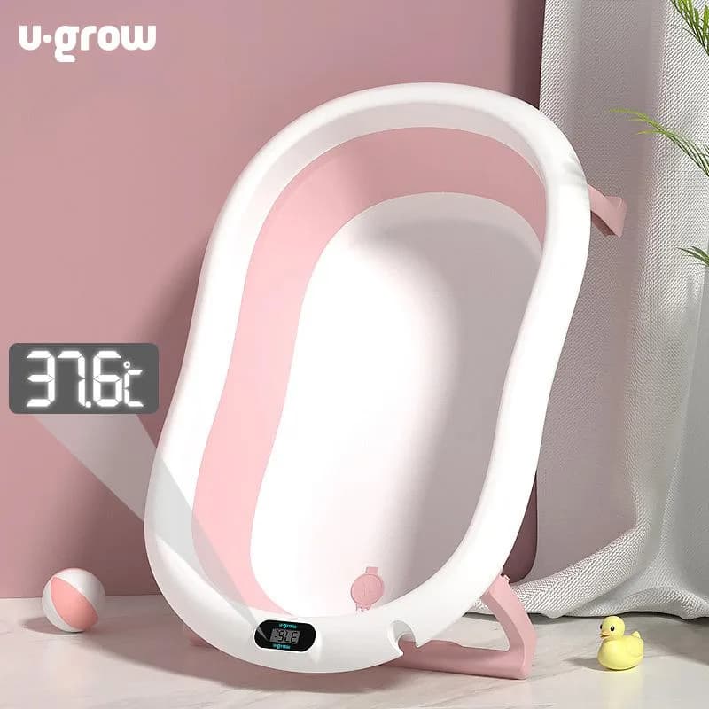Cadita cu pernuta pentru bebelusi, termometru digital incorporat, pliabila, dop se scurgere, picioare anti-alunecare, roz, U-Grow — miniatură