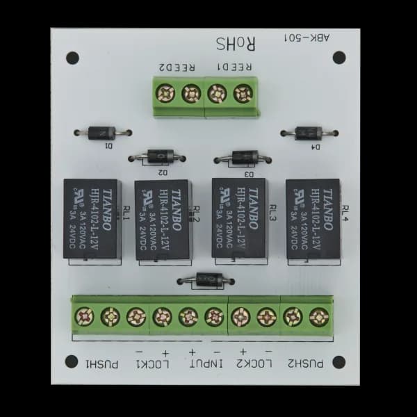 Modul electronic pentru doua usi cu incuietori tip fail-safe cu monitorizare sau buton.