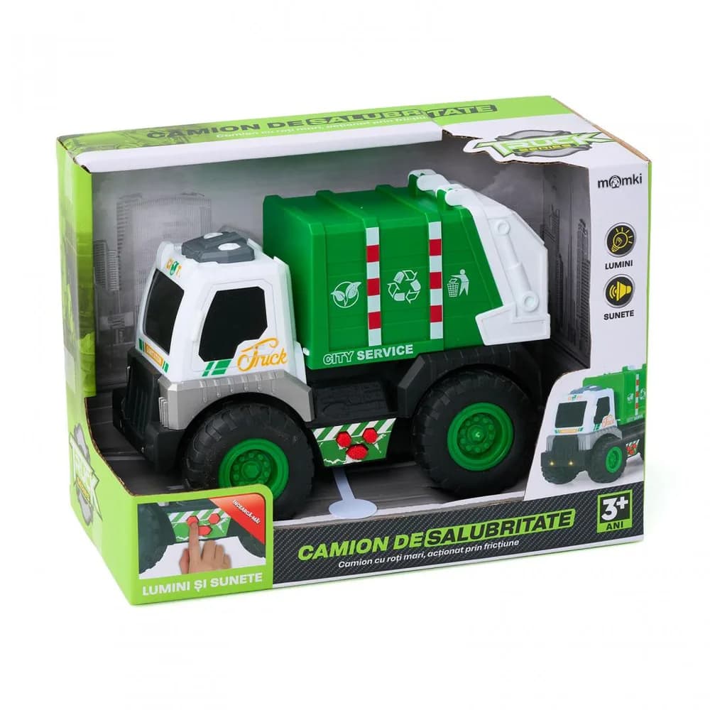 CAMION DE SALUBRITATE CU LUMINI, SUNETE SI DETALII MOBILE, MOMKI — miniatură