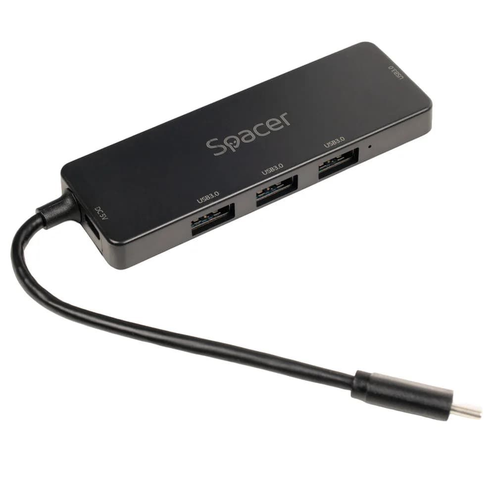 HUB extern SPACER, porturi USB:USB 3.0 X 4, 5V in (Type-C), conectare prin TYPE-C, cablu 15cm, ABS, "SPHB-TYPEC-4U30-09" — miniatură