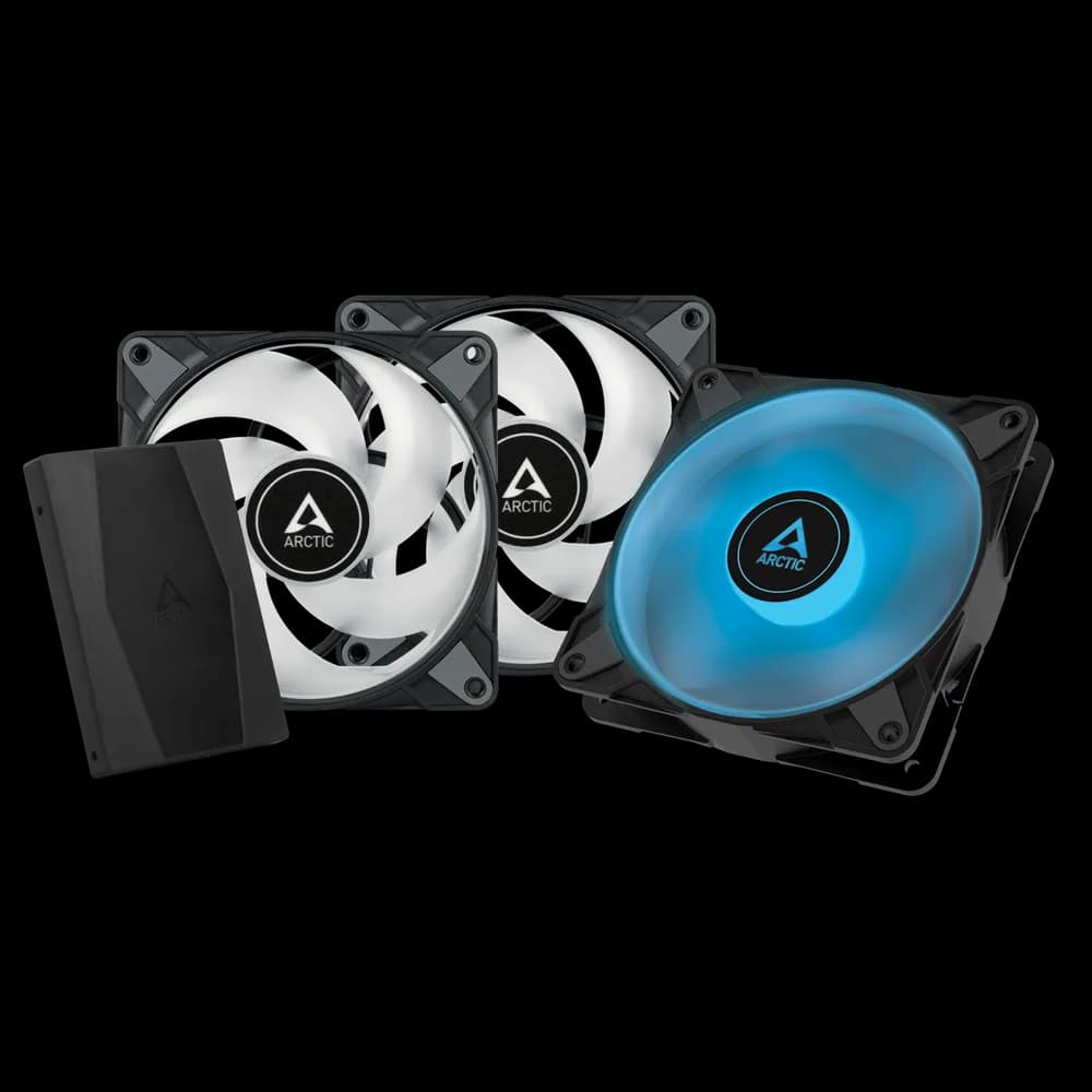 VENTILATOR ARCTIC PC, P12 PWM PST RGB Value Pack 3buc w/controler, 140x140x28mm, w/ PWM &amp; cablu PST, low noise FD bearing, high static pressure, Black, "ACFAN00229A"