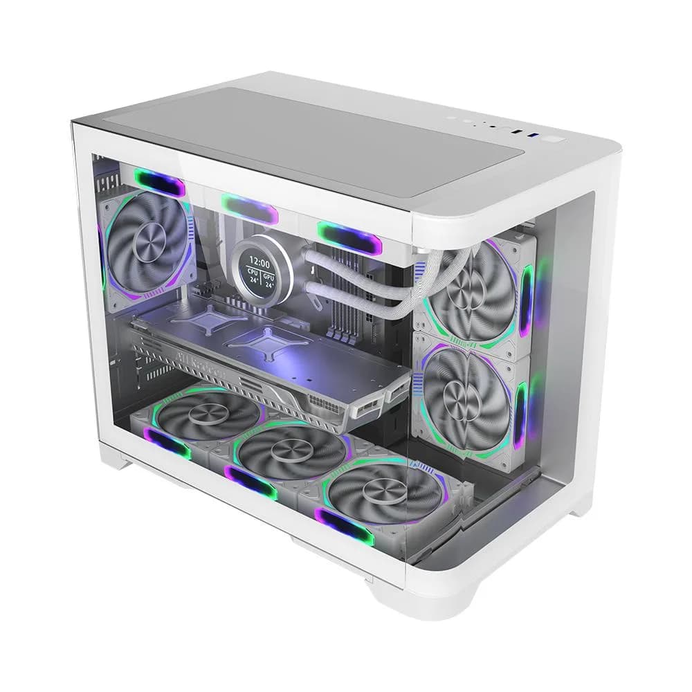 Carcasa 1stPLAYER® Gaming UV6-wh, Micro-ATX, 6 ventilatoare aRGB, telecomanda, alb — miniatură