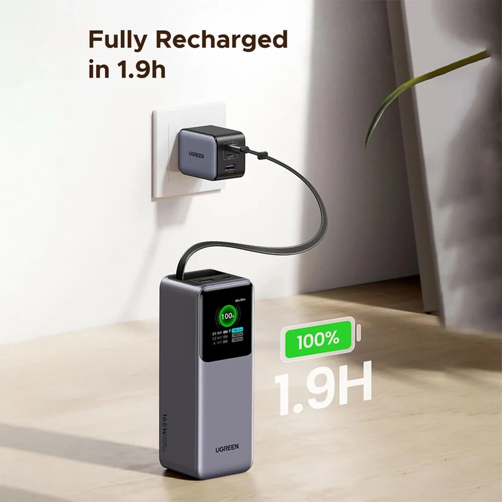 POWER BANK Ugreen "PB726", 20000mAh, 165W PD3.0, 1 x USB, 2 x USB Type-C, 1 x USB Type-C cablu integrat, display, gri, "55987B" — miniatură