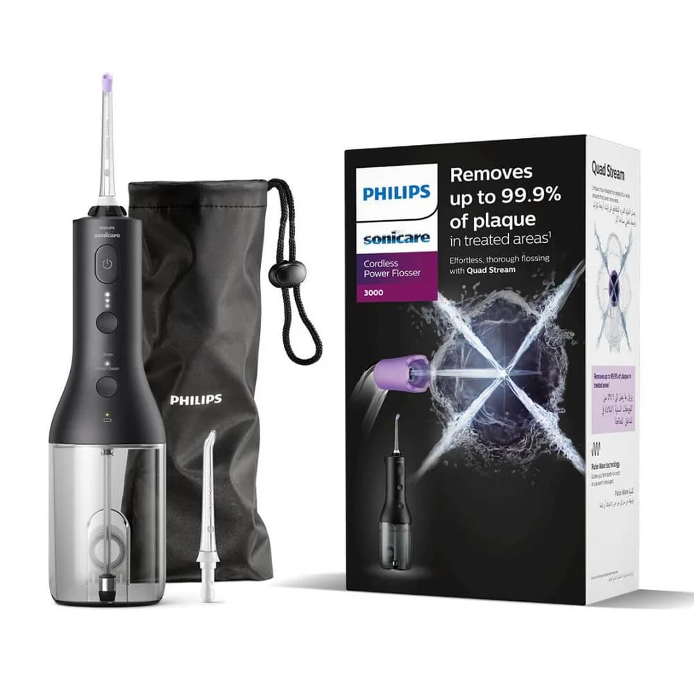 Irigator bucal PHILIPS Sonicare Cordless Power Flosser 3000 HX3826/33, Tehnologie QuadStream, Portabil, 2 moduri de curatare, 3 niveluri de intensitate, 2 x capete de curatare si 1 x husa transport, Negru, L x A x I (mm) 92x134x247