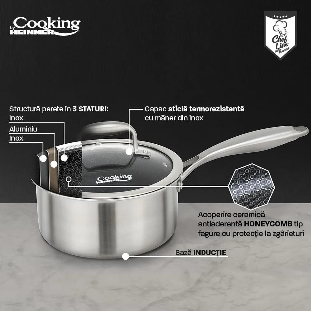 CASEROLA INOX+CAPAC STICLA IN 3 STRATURI 18X9 CM, 2 L, TITANIUM3, COOKING BY HEINNER — miniatură