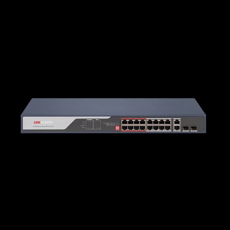 16 Port Fast Ethernet Unmanaged POE Switch Hikvision DS-3E0318P-E(C) Intelligent PoE management. Up to 300 m long range PoE transmission. Port isolation to improve network security. 6 KV surge protection to improve reliability in harsh environment. PoE watchdog to auto-detect and restart cameras