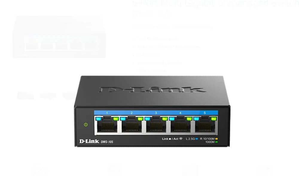D-LINK DMS-105 UNMANAGED SWITCH 5 PORT, Interfata: 5 x 10/100Mbps/1G/2.5G, Auto MDI/MDIX, CAPACITATE SWITCH: 25gBPS, Packet Forwarding Rate:18.6 Mpps, Dimensiuni 100.5 x 82 x28mm, Greutate: 238.6 g. — miniatură
