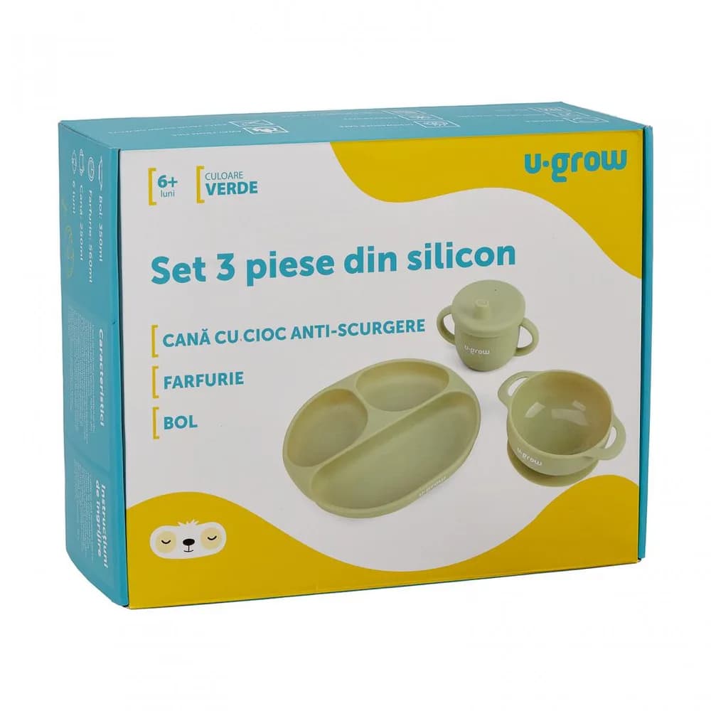 Set diversificare 3 piese silicon : bol, farfurie si cana cu cioc, olive, U-Grow — miniatură