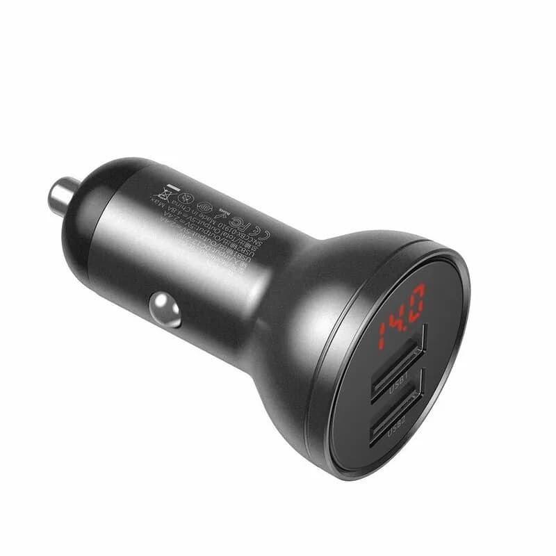INCARCATOR auto Baseus Digital Display,Quick Charge 24W,2 x USB 5V/4.8A,contine cablu 3 in 1: USB la USB Type-C,microUSB si Lightning de 1.2m, gri "TZCCBX-0G" - 6953156215405 — miniatură