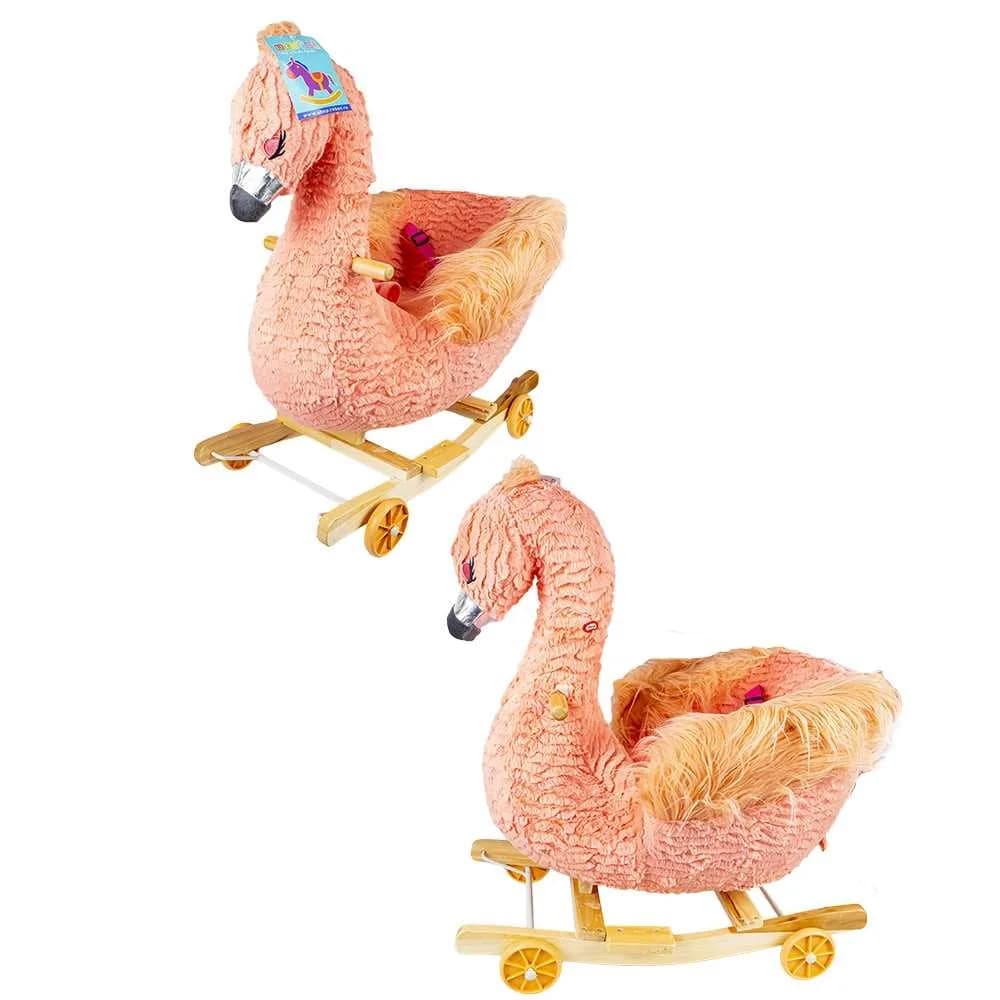 Balansoar pentru bebelusi, Flamingo, lemn + plus, cu rotile, roz, 66 cm — miniatură