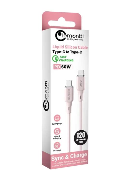 Cablu Lemontti Liquid SiliconType-C la Type-C, Fast Charge, PD 60W, lungime 1.2m, Roz — miniatură