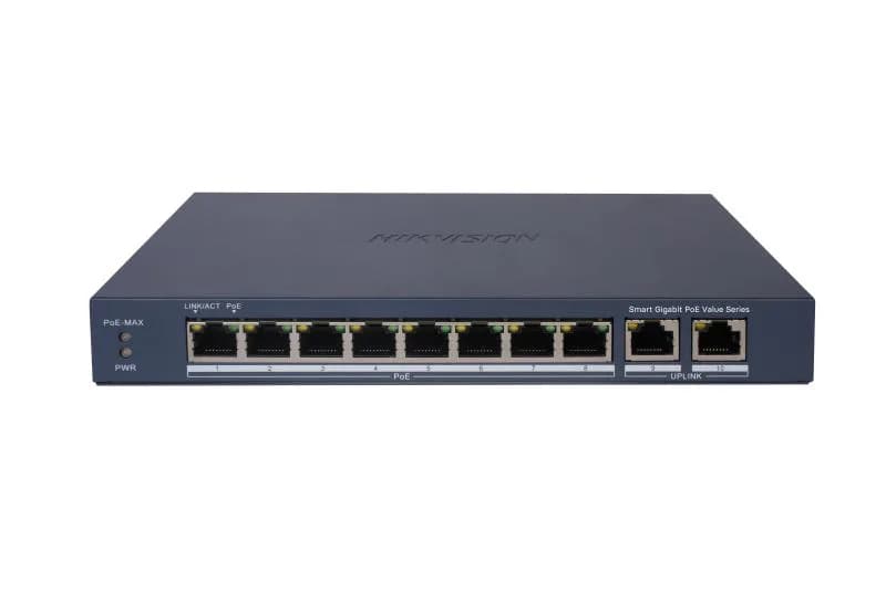Switch 8 porturi Gigabit, Hikvision DS-3E1510P-EI/M, 8 × gigabit PoE ports, and 2 × Gigabit RJ45, IEEE 802.3af,IEEE 802.3at, MAC address table: 4 K, PoE power budget 60W (Max. port power 30W), material metal, dimensiuni: 217.6 mm × 27.6 mm × 108.5 mm, greutate: 1.08 kg