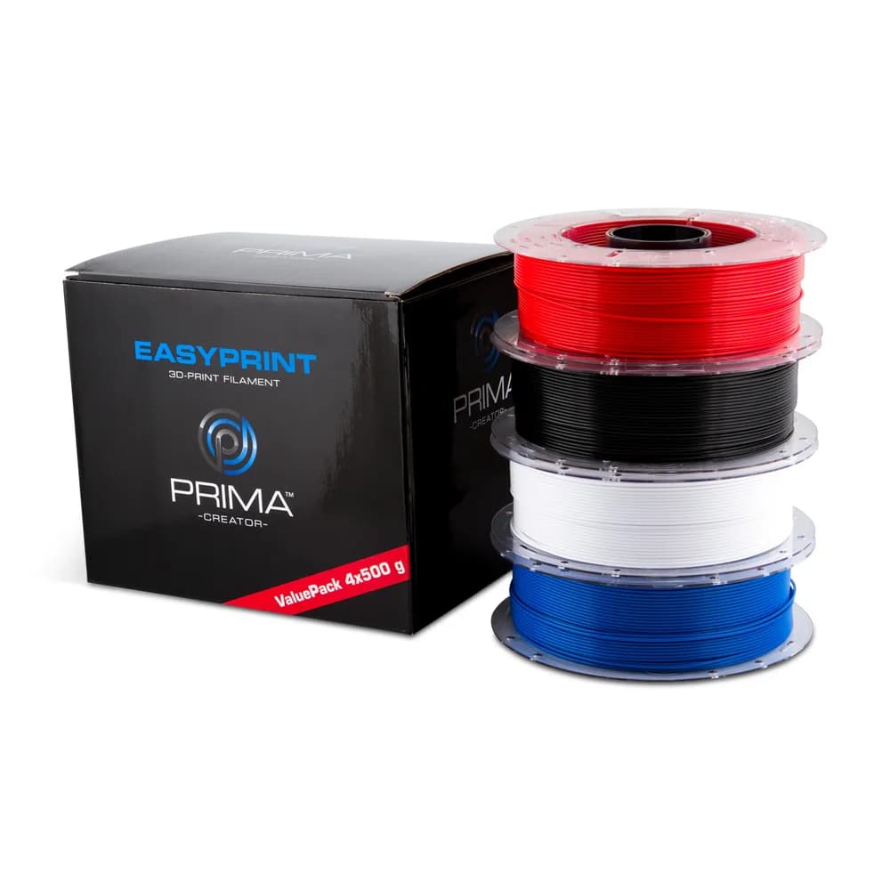 Filament PrimaCreator EasyPrint PLA Value Pack Standard – 1,75 mm – 4x 500 g (Total 2 kg) – White, Black, Red, Blue