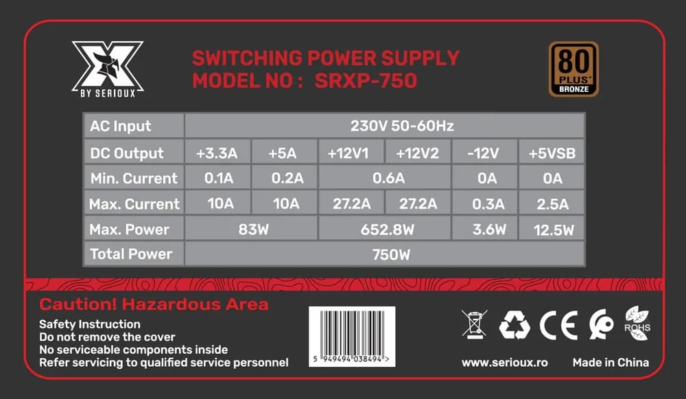 Sursa Serioux Energy 750W, 80+ BRONZE, Ventilator 12cm, ATX, material metal, cabluri: 20+4-pin, 1x4+4-pin, 2x6+2-pin, negru — miniatură