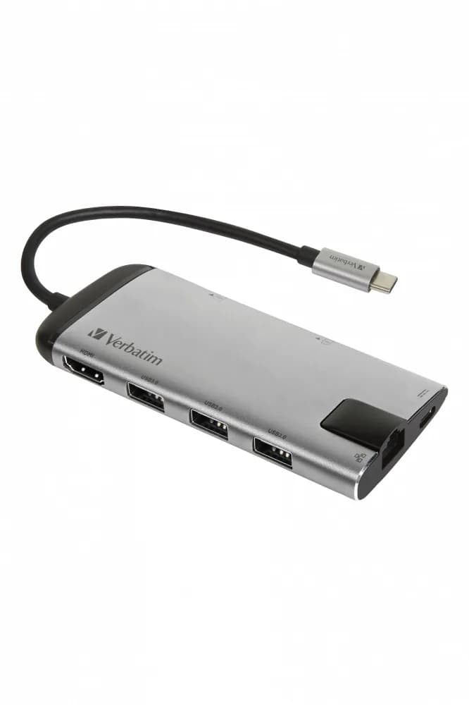 HUB extern VERBATIM, Gigabit LAN x 1, USB 3.0 x 3, HDMI x 1 (4K@30Hz), USB Type C x 1, SD x 1, microSD x 1, conectare USB Type C, cablu 15 cm, max. 3A, brushed metal "49142"