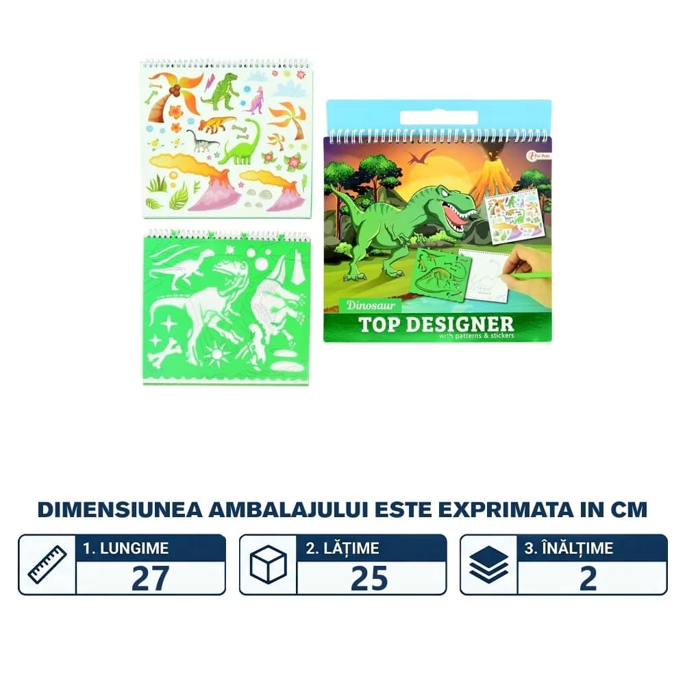 Carnetel de desen cu stickere si sabloane, Dinozauri - Toi-Toys — miniatură