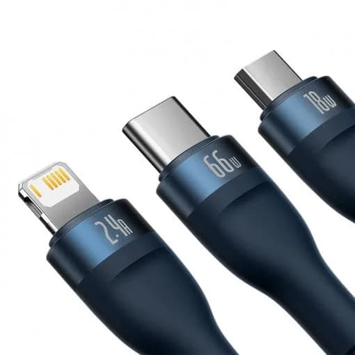 CABLU alimentare si date Baseus Flash Series II One-for-three, pt. smartphone, USB si USB Type-C la Micro-USB+Lightning+USB Type-C 66W, 1.2m, albastru "CASS040003" - 6932172618117 — miniatură