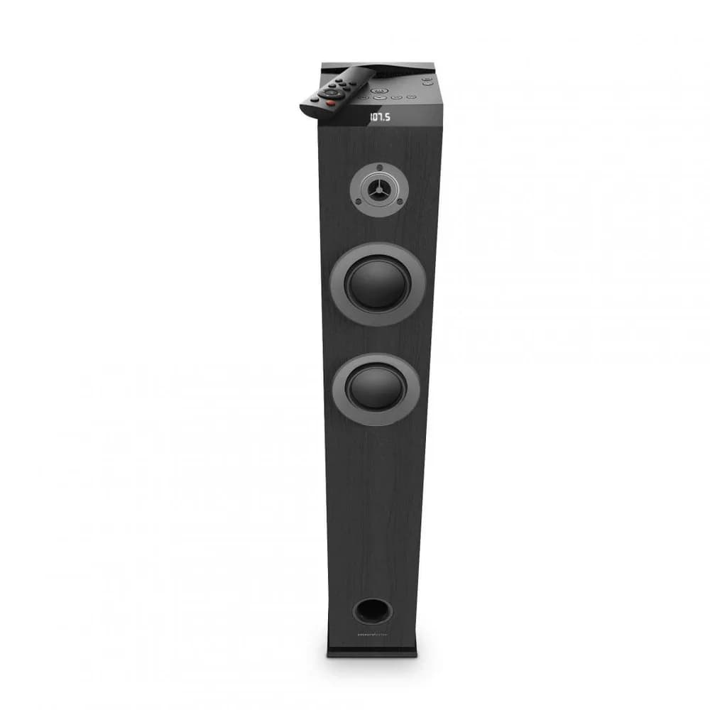 Sistem Audio 2.1 Energy System Tower 5 MAX, bluetooth 5.3, interfata jack 3.5mm, putere: 100W, frecventa raspuns 40 Hz ~ 18 kHz, frecventa FM: 87,5 - 108 MHz, ecran/afisaj: LED, suport card de memorie: microSD si stick-uri USB pana la 128 GB, include telecomanda, material: lemn, dimensiuni — miniatură