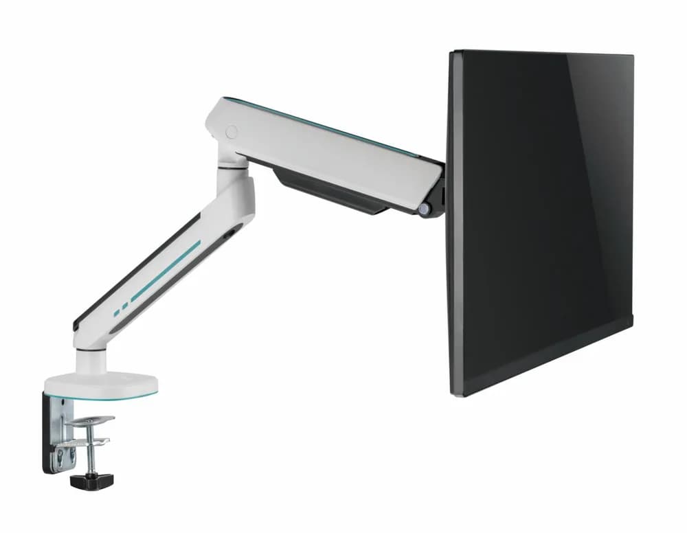 Suport monitor Serioux SRXA-MM54-C012WH, Material: Oțel, Aluminiu, Plastic, Suprafață finisaj : acoperire cu Pulbere, tehnologie arc, Culoare: Alb Texturat Fin, Gri Spațial Dimensiune compatibila ecran: 27"-45", Greutate maxima (pe ecran): 5~14 kg, Greutate maxima: 5~12 kg — miniatură