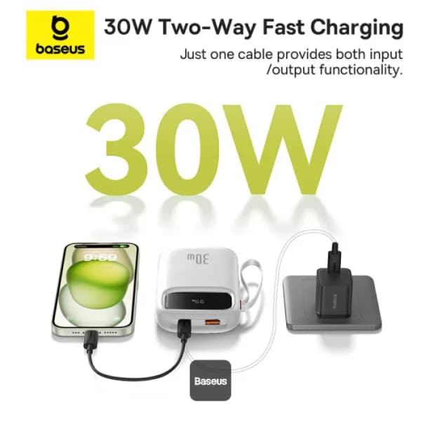 POWER BANK Baseus Qpow2 Digital Display, 10000mAh, 30W, 2 x USB Type-C output/input, 1 x USB, include cablu USB Type-C la USB Type-C 30cm, alb, "P10055008213-00" - 6932172667733 — miniatură