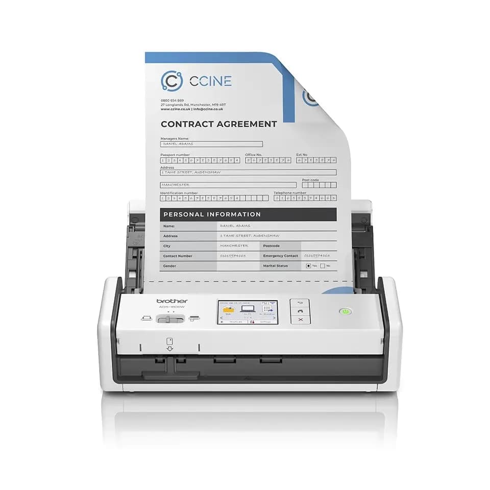 Scanner Portabil Compact BROTHER ADS-1800W, A4, Viteza de scanare duplex: 30ppm/60ipm, Optiuni:, Conectivitate:WiFI, Scanare ambele fete:Da, ADF:60coli "ADS1800WTC1"