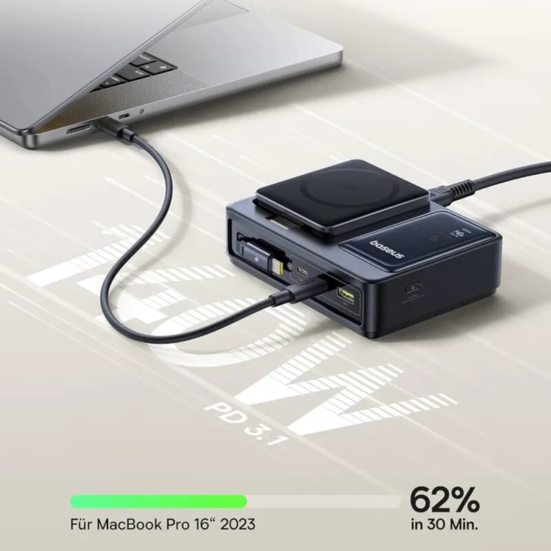 INCARCATOR retea Baseus NOMOS 5-in-1 Desktop Charger, Quick Charge 140W, incarcare wireless 15W max. Qi2, 3 x USB Type-C, 1 x USB, negru "P10170902123-00" - 6932172673406 — miniatură