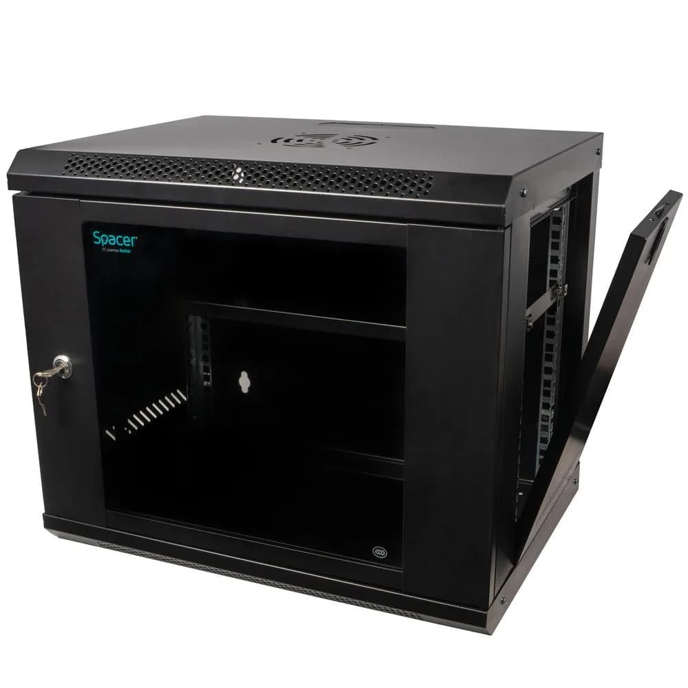 CABINET 19″ SPACER 9U 500x450mm, fixare pe perete, Flatpack (dezasamblat), Black, usa sticla cu blocare, panouri detasabile, otel 1mm, sarcina maxima 25Kg — miniatură