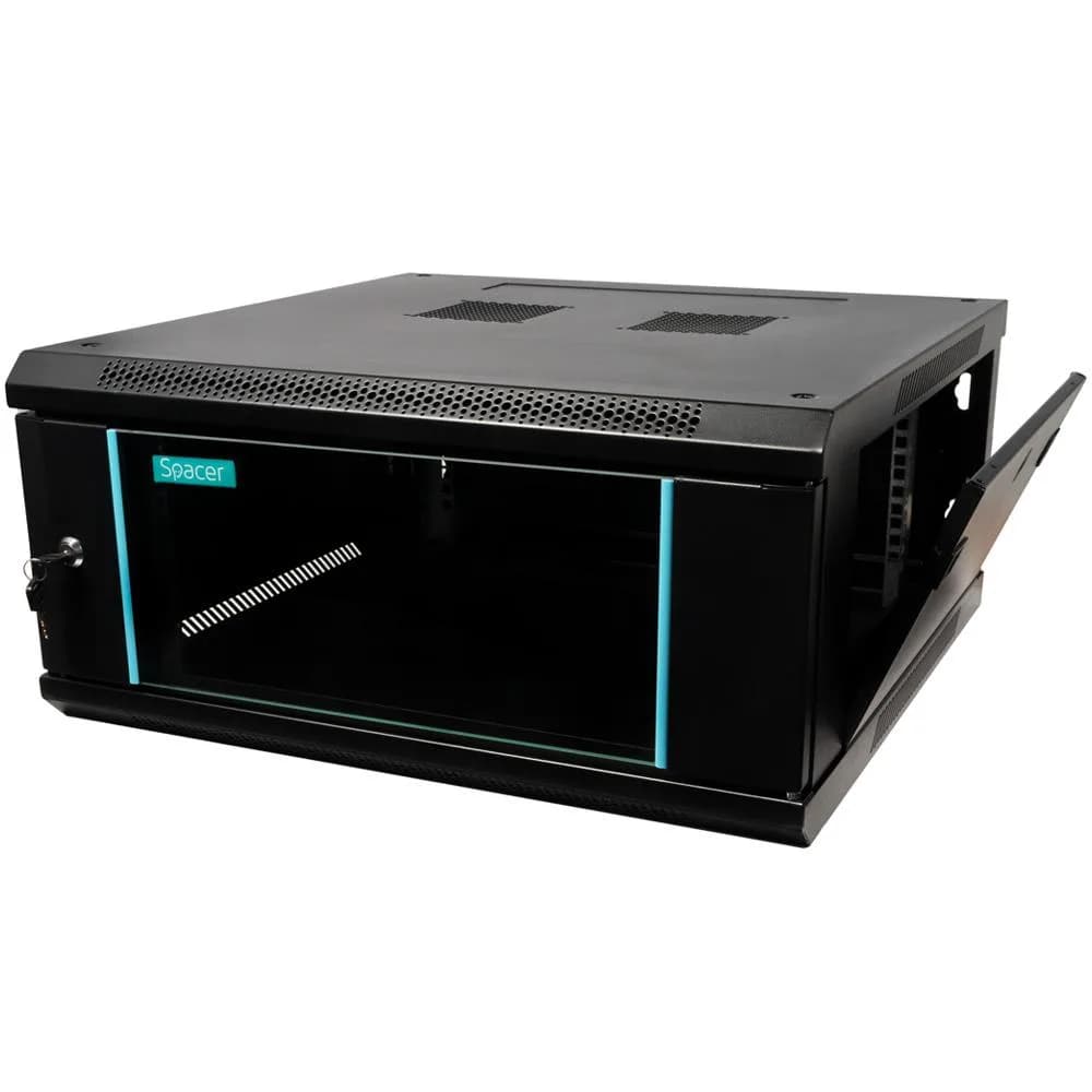 CABINET 19″ SPACER 4U 600x600mm, fixare pe perete, Flatpack (dezasamblat), Black, usa sticla cu blocare, panouri detasabile, otel 1.5mm, sarcina maxima 60Kg — miniatură