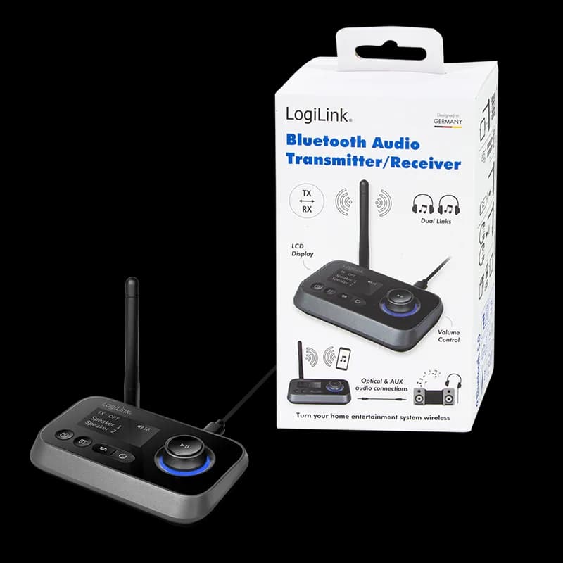RECEIVER; Transmitter audio Logilink, conect Jack 3.5mm & S/PDIF in/out, dist max.10 m, BT v5.0, suporta dual stream in TX mode,LCD 1.8", ant.,incarcare USB-C,bk "BT0062" — miniatură