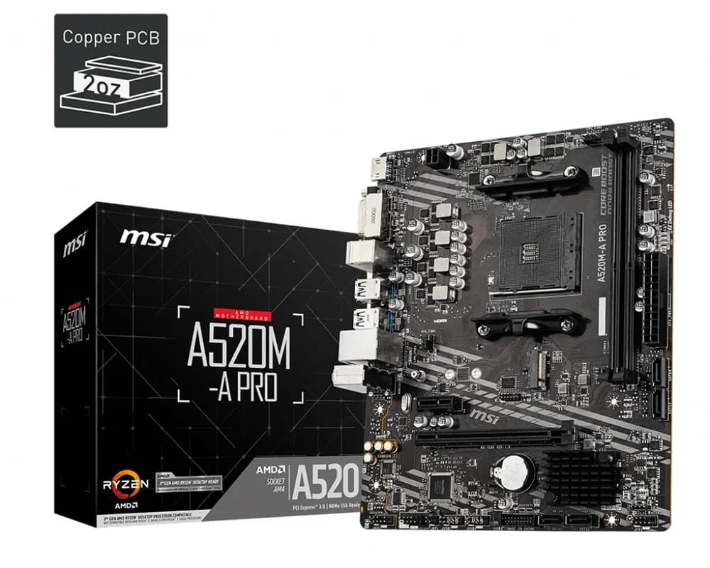 PLACA de BAZA MSI A520M, skt AM4, AMD A520, mATX, slot RAM 2 x DDR4, max 64 GB, 4x S-ATA 3, 1x M.2, 1x PCI-E, PCI-E3.0 x 16 x 1, PCI-E3.0 x 1 x 1, LAN 10/100/1000 Mbps, HDMI, DVI-D, 7.1, "A520M-A_PRO" — miniatură