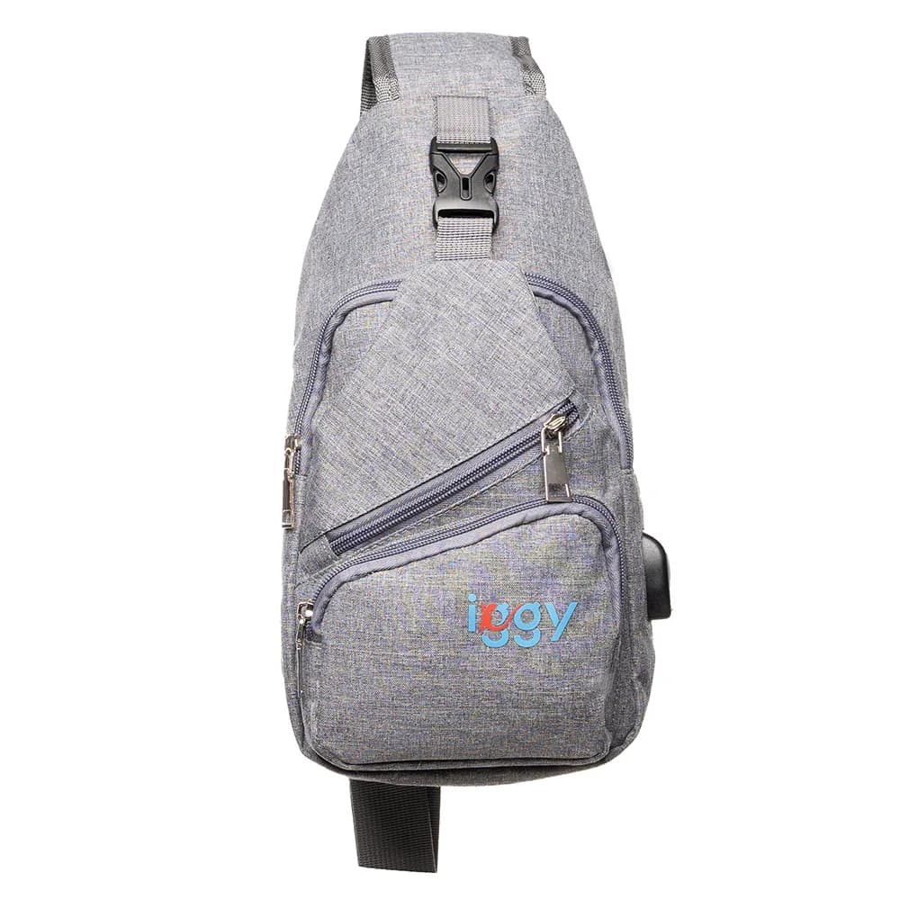 RUCSAC Sling Iggy, polyester,1 bretea, 1 compartiment principal,2 compartimente frontale, 32x16x6.9cm, mufa USB incarcare+cablu, gri, "IGSL-SLING-GY"