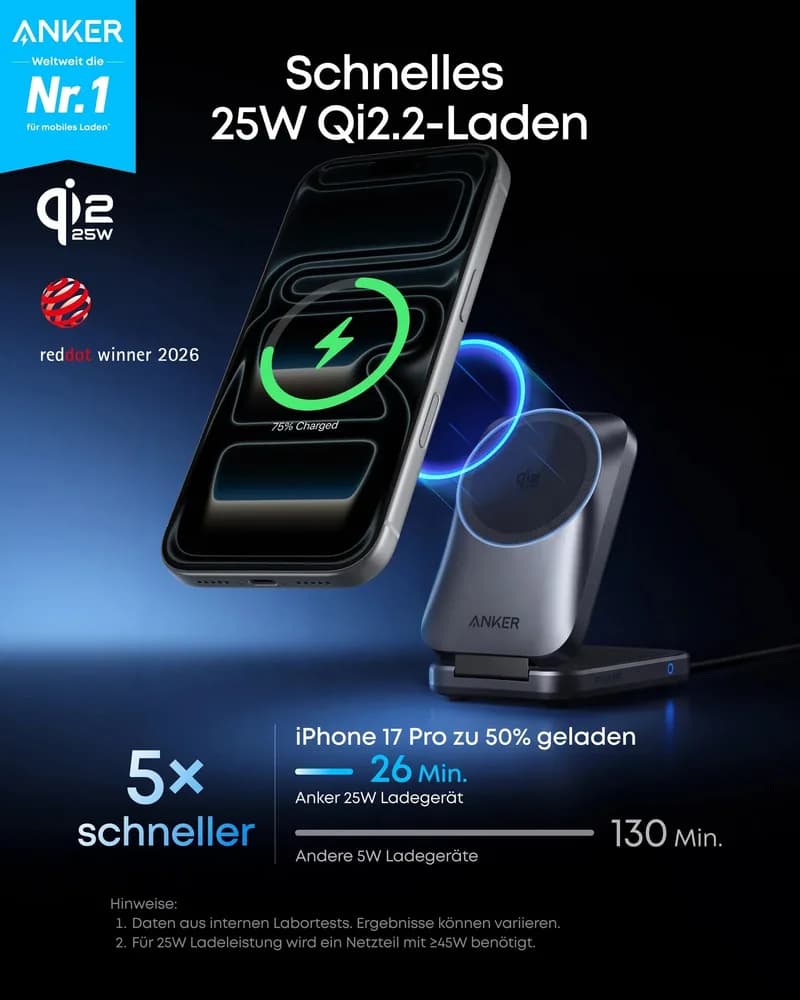 Statie de incarcare wireless 3 in 1 Anker, Prime, 45W, portabil, pliabil, fast charge, pentru iPhone seriile 12-17, Apple Watch, AirPods,exceptie iPhone 17 Air, 1 x USB-C incarcare, gri, "B25N1G11" - 0194644321809 — miniatură