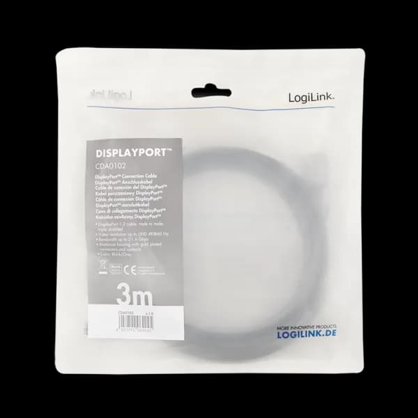 CABLU video LOGILINK, DisplayPort (T) la DisplayPort (T) 1.2, 3m, conectori auriti, rezolutie maxima 4K (3840 x 2160) la 60 Hz, aluminiu, triplu ecranaj, negru-gri, "CDA0102" — miniatură