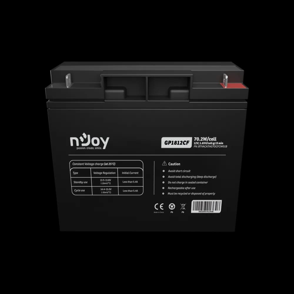 Acumulator NJOY GP1812CF 12V 181x77x167mm, Cycle use 14.4V- 15.0V max. current 5.4A, Float use 13.5V- 13.8V, Terminal T3 (M5), Power 70.2W/ cell