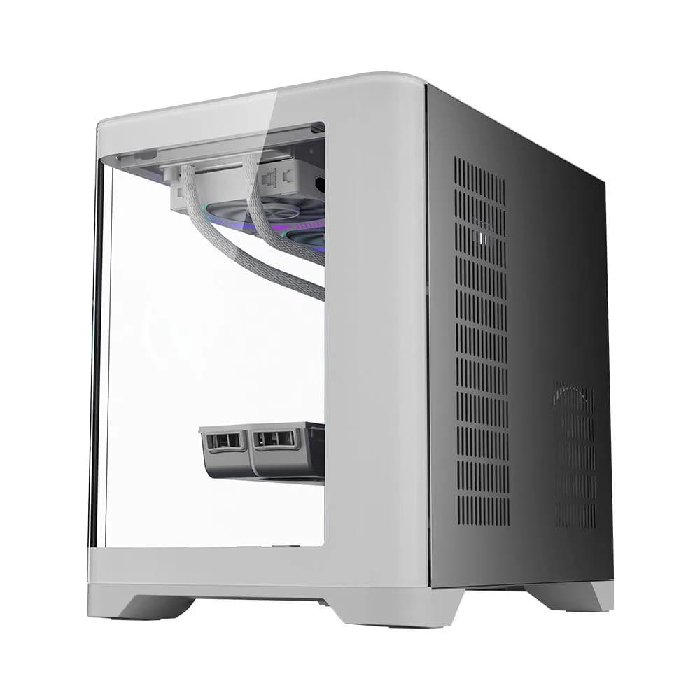Carcasa 1stPlayer gaming UV5-wh-Hub, 5 ventilatoare aRGB infinity efect plus PWM, telecomanda, Micro-ATX, alb — miniatură