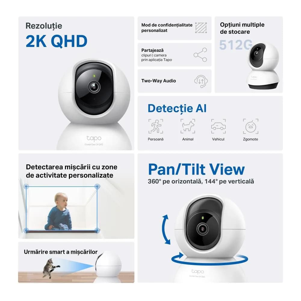 CAMERA IP TP-LINK, cube, wireless, pt. interior, dist. IR 9 m, tip lentila fixa 4 mm, 4 Mpx rezolutie 2K, microfon, carcasa plastic, slot SD card, "Tapo C220" — miniatură