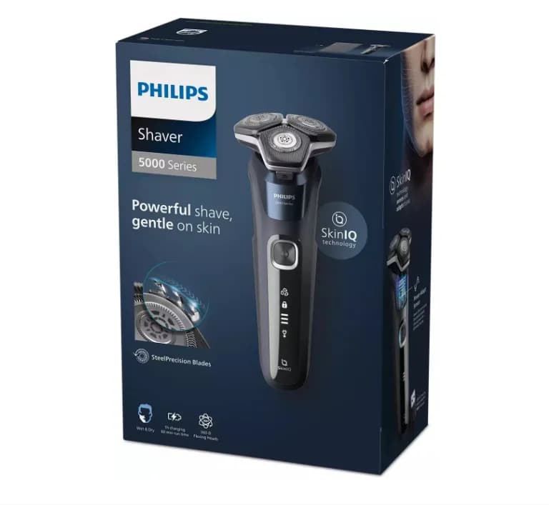 Aparat de barbierit PHILIPS Shaver Seria 5000 S5585/10, barbierit umed/uscat, tehnologie SkinIQ, fara fir, capete flexibile 360°, display LED, senzor Power Adapt, lame auto-ascutire, lama integrata, 60 min, Midnight Blue