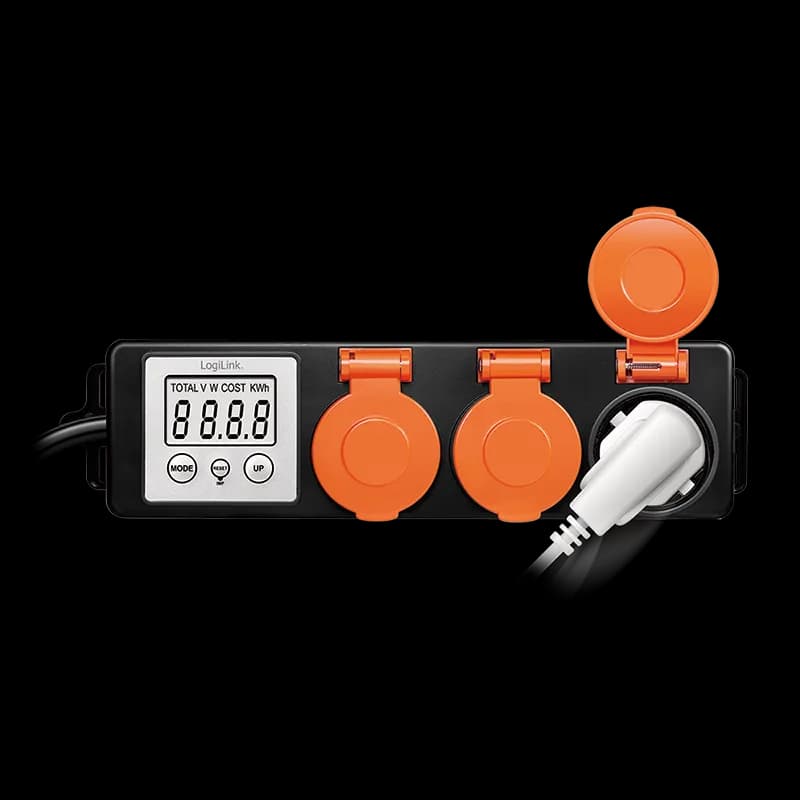 PRELUNGITOR LOGILINK, Schuko x 3, cablu 3G 1.5mm2, 230 V/16 A, 50 Hz, max. 3500 W, contor cost energetic, LCD, 3 butoane operare, IP44, de exterior, 1.4m, negru-portocaliu, "EM0008" — miniatură