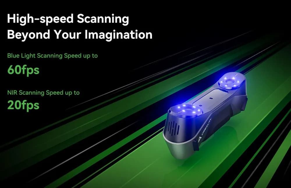 CREALITY 3D SCANNER CR-SCAN RAPTOR, mod scanare: Blue Light(Blue 7-line laser) / NIR(infrared binocular structured light), Acuratete: 0.02mm @ 100mm, Rezolutie: 0.02-2mm, Viteza scanare: pana la 60fps, volum minim scanare: 5mm x 5mm x 5mm, Raza single capture: 270mmx170mm@300mm, Distanta scanare — miniatură